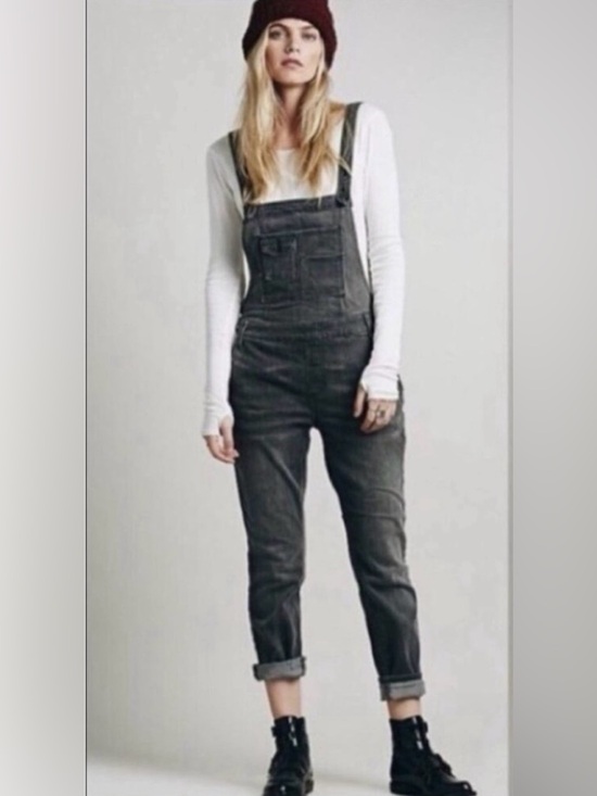 Free People Denim - Free People Grey Overalls Skinny Leg Cropped Rolled Hem 28 Casual Festival
